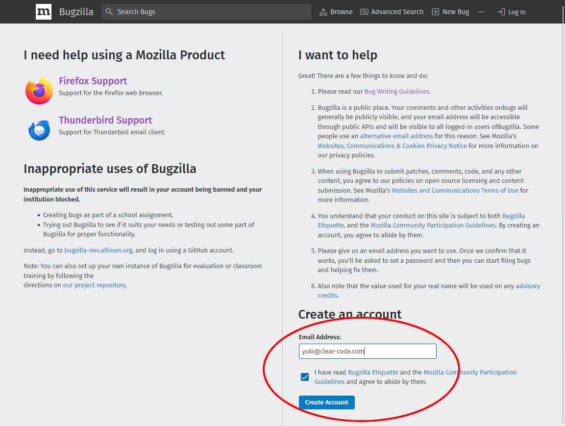 （BMOのアカウント作成画面のスクリーンショット。いくつかの説明が表示され、その最後に「Create an account」という見出しがあり、配下にはメールアドレス入力欄と、利用者向けエチケットやガイドラインへの同意を求めるチェックボックス、「Create Account」というラベルの送信ボタンがある。）