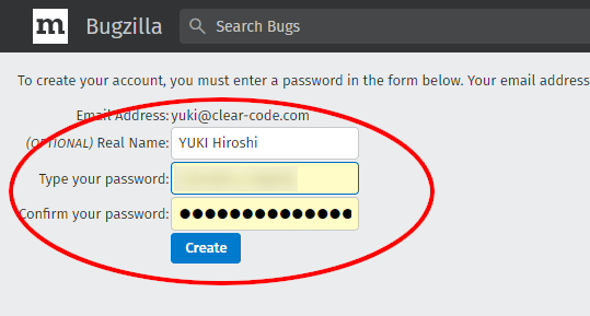 （BMOのアカウント作成確認画面のスクリーンショット。本名の入力欄と、パスワード入力欄、パスワードの再入力欄があり、その下に「Create」というラベルの送信ボタンがある。）