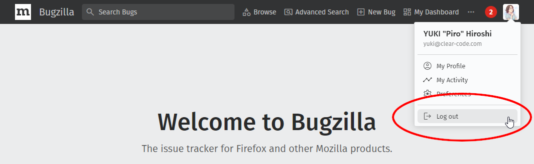 （BMOのページ最上部右のアイコンをクリックしてポップアップが表示された状態のスクリーンショット。ポップアップ最下部に「Log out」と書かれたリンクが表示されている。）
