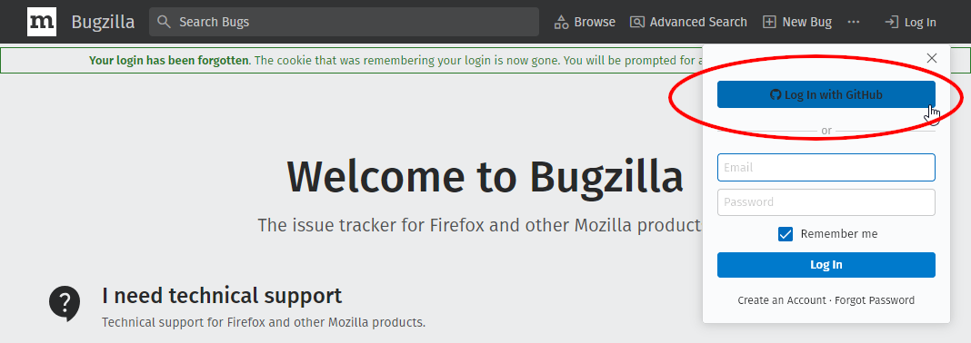 （ログアウトしてからBMOのページ最上部の「Log in」をクリックしてポップアップが表示された状態のスクリーンショット。ポップアップ内に「Log In with GitHub」というラベルのボタンがある。）