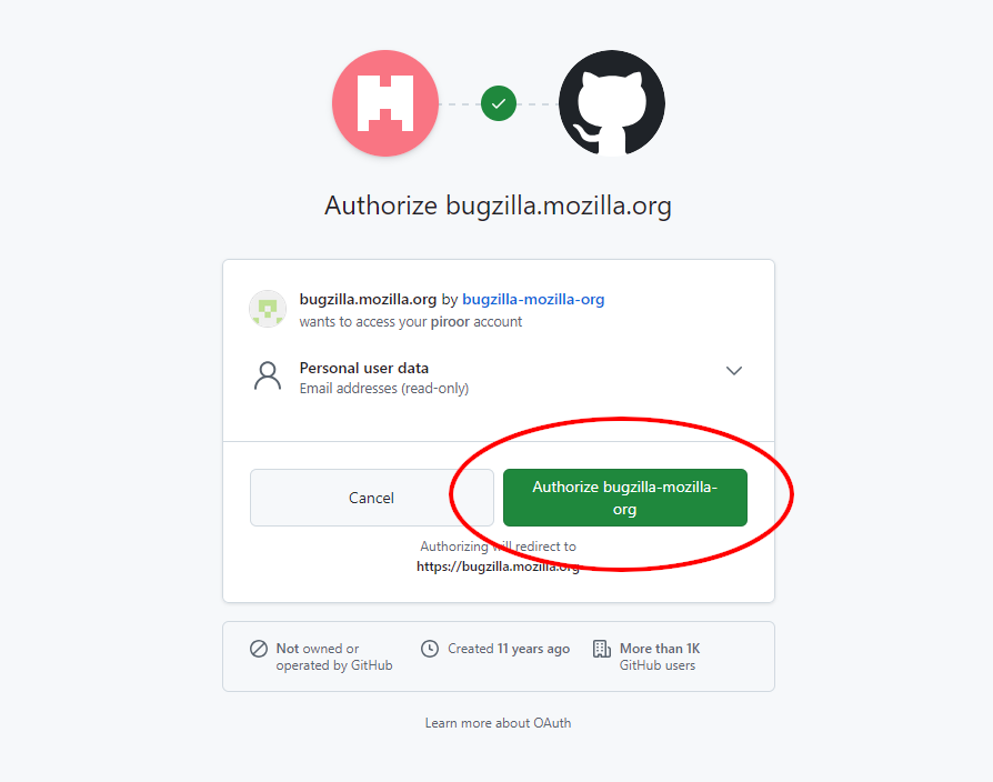 （GitHubの、BMOをOAuthアプリケーションとして認証しアカウントの情報へのアクセスを許可する画面のスクリーンショット。アプリケーション名が「bugzilla-mozilla-org」と表示されていて、「Authorize bugzilla-mozilla-org」というラベルのボタンがある。）