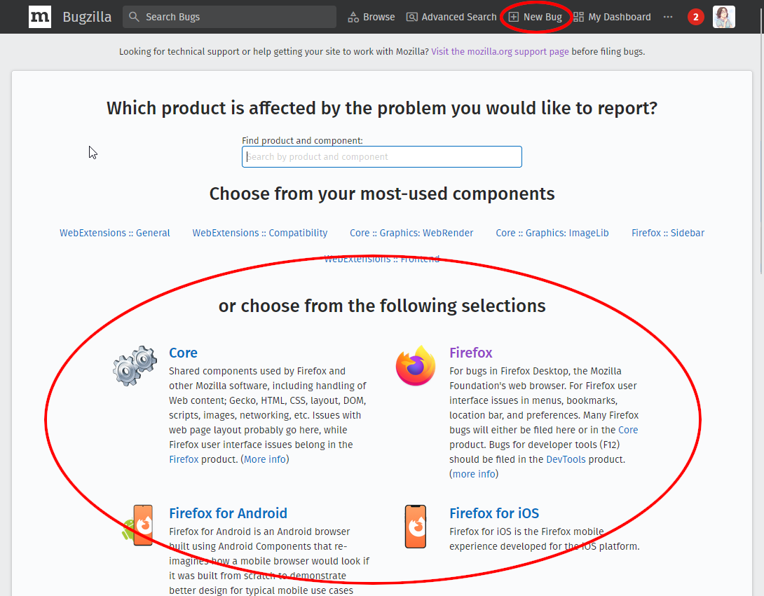 （BMOのページ最上部の「New Bug」ボタンと、それをクリックした後に表示される対象プロダクト選択画面のスクリーンショット。）