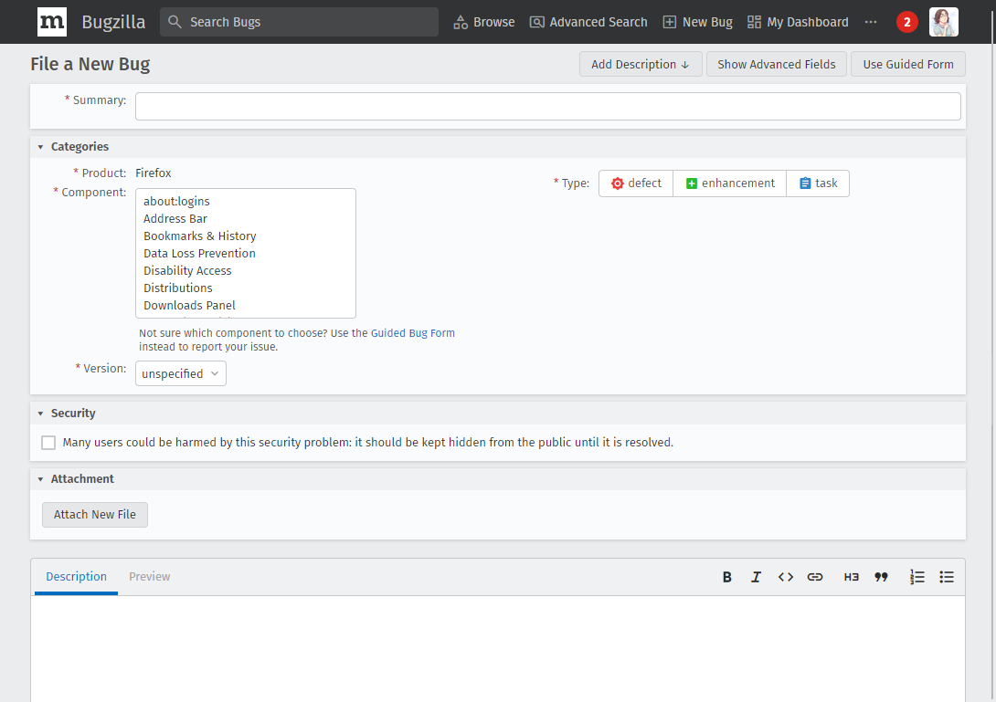 （BMOで「New Bug」をクリックして表示される対象プロダクト選択画面からプロダクトを選択した後の画面のスクリーンショット。いくつかの入力欄が並んでいる。）