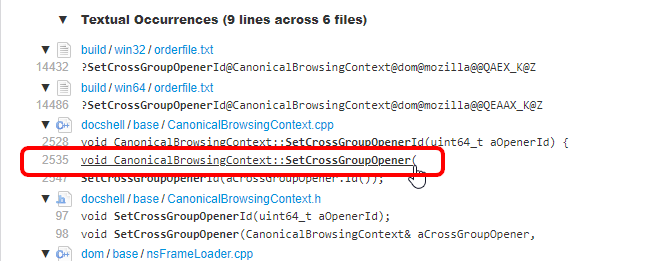 （Searchfoxでの「setCrossGroupOpener」の検索結果のページのスクリーンショット。テキストが一致した箇所が6ファイル中の9箇所見つかっている。）