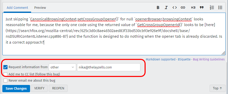 （BMOでコメントを入力している様子のスクリーンショット。「Request information from」欄にチェックが入っており、Nika Layzell氏のメールアドレスが入力されている。）