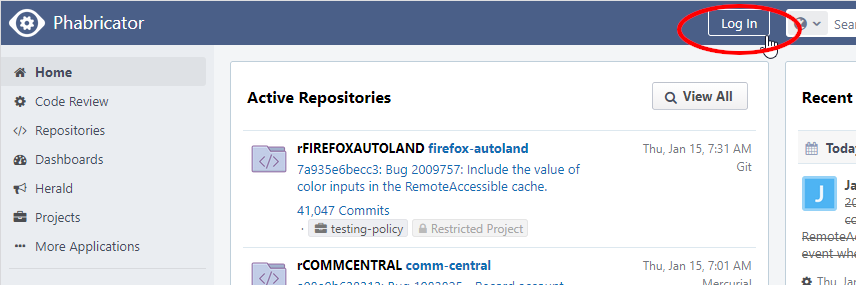 （Phabricatorページ上部の「Log In」ボタンのスクリーンショット。）