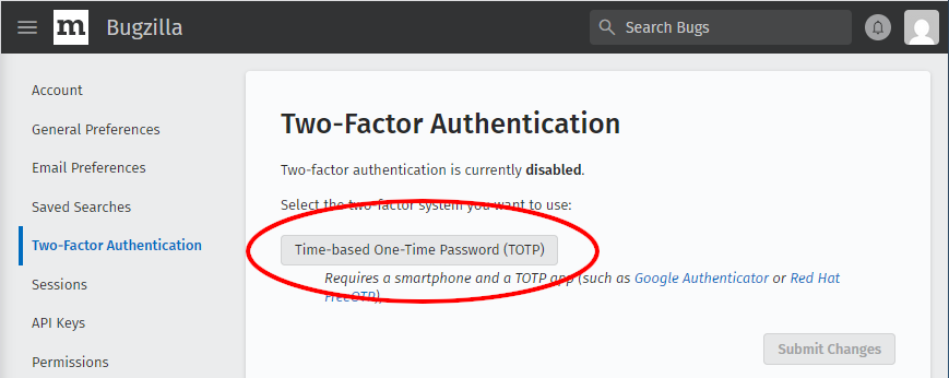 （BMOのアカウント設定画面のスクリーンショット。「Time-based One-Time Password (TOTP)」というラベルのボタンがある。）