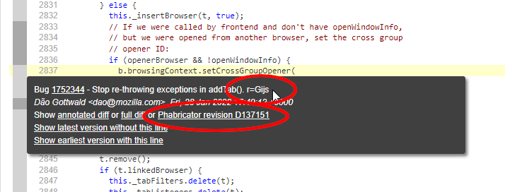 （Searchfoxで当該箇所のblameの情報を表示した様子のスクリーンショット。コミットメッセージの末尾に「r=Gijs」とレビュアー名が示されている。また、「Phabricator revision D137151」というリンクも含まれている。）
