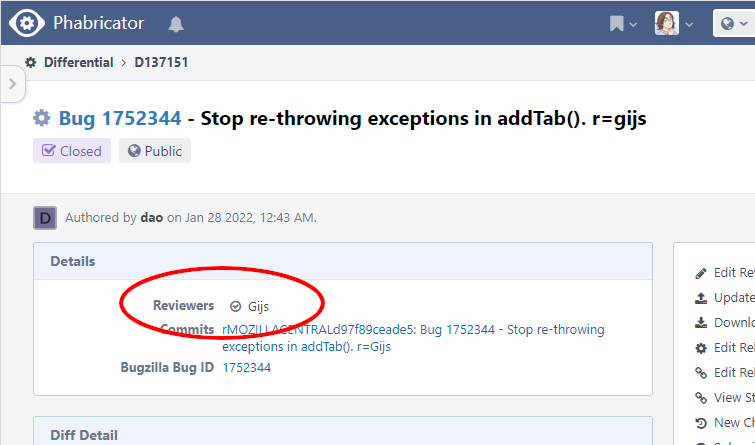 （Phabricatorで当該箇所の由来となったパッチのレビューのやり取りを表示した様子のスクリーンショット。「Details」の「Reviewers」欄に「Gijs」とレビュアー名が示されている。）