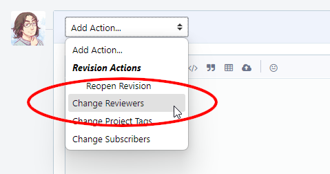 （Phabricatorで行う操作を選択している様子のスクリーンショット。ドロップダウンリストの「Change Reviewers」を選択している。）
