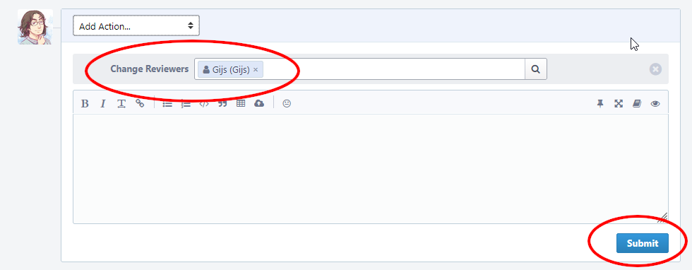 （Phabricatorでレビュアーを設定している様子のスクリーンショット。「Change Reviewers」欄にレビュアー名を入力している。）