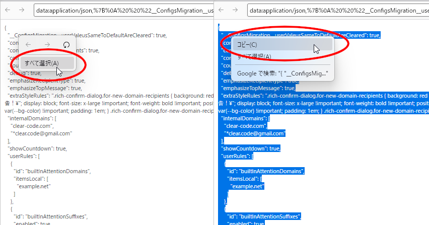 （スクリーンショット：全設定項目の情報をコンテキストメニューでコピーしている様子）