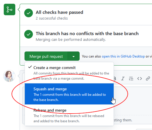 GitHubのプルリクエストでスカッシュを行うためのUIのスクリーンショット。「Merge pull request」ボタンのドロップダウン配下に「Squash and merge」という項目がある。