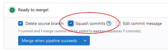 GitLabのマージリクエストでスカッシュを行うためのUIのスクリーンショット。「Merge when pipeline succeeds」ボタンの上に「Squash commits」というチェックボックスがある。